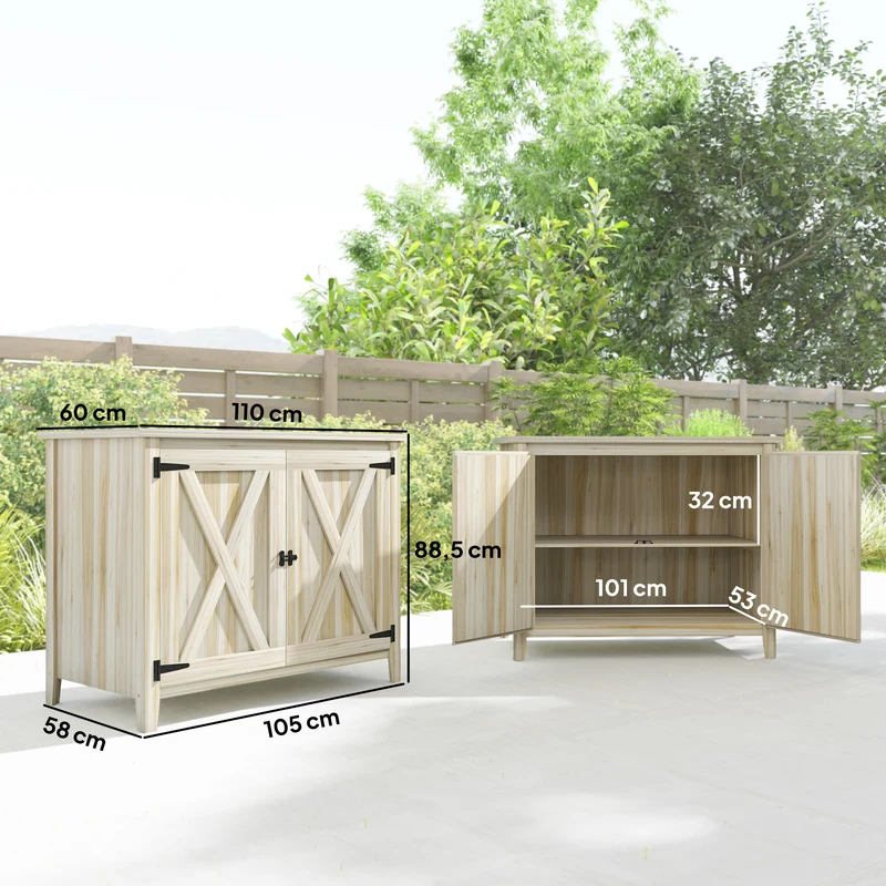 Armoire de jardin rangement extérieur 110 x 60 x 88,5 cm étagère intégrée loquet sécurisé style rustique en bois naturel 21_0005495