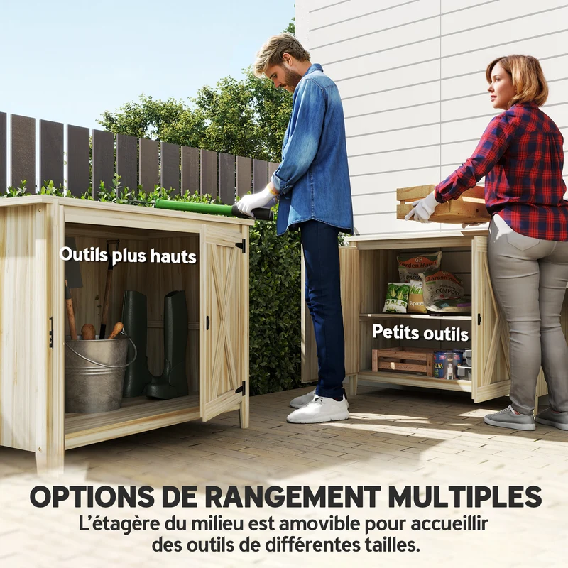 Armoire de jardin rangement extérieur 110 x 60 x 88,5 cm étagère intégrée loquet sécurisé style rustique en bois naturel 21_0005495