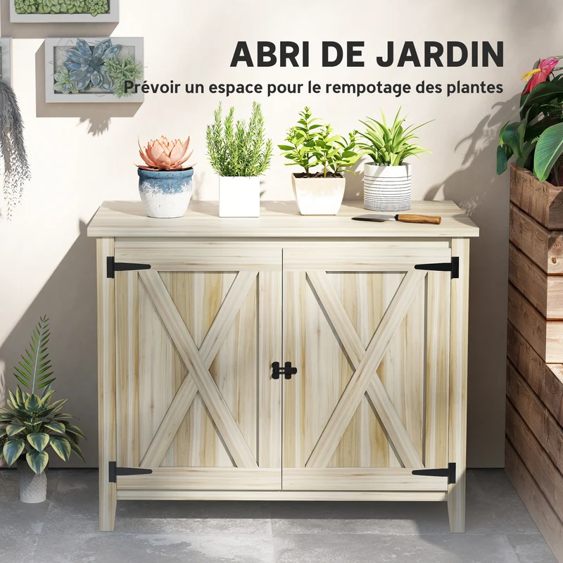 Armoire de jardin rangement extérieur 110 x 60 x 88,5 cm étagère intégrée loquet sécurisé style rustique en bois naturel 21_0005495