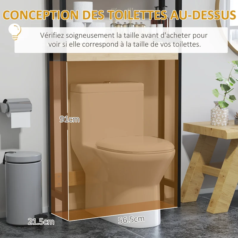 Étagère dessus de toilettes compacte 60 x 21.5 x 172 cm gain de place rangement réglable style naturel en bambou naturel 21_0002009