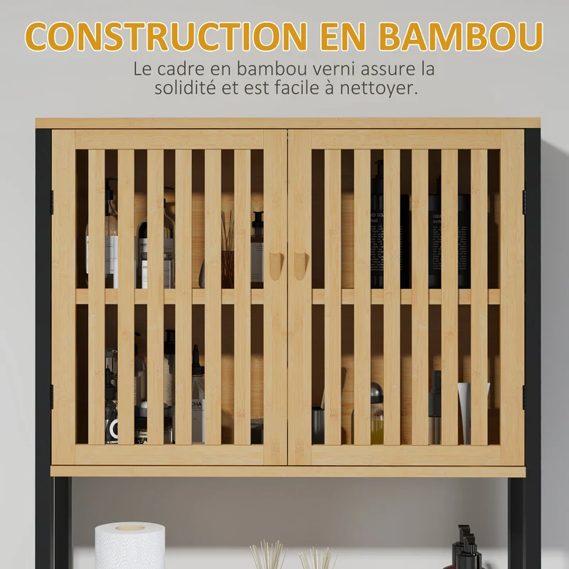 Étagère dessus de toilettes compacte 60 x 21.5 x 172 cm gain de place rangement réglable style naturel en bambou naturel 21_0002009