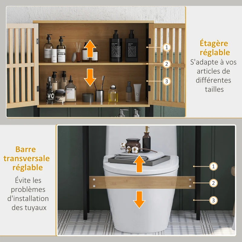 Étagère dessus de toilettes compacte 60 x 21.5 x 172 cm gain de place rangement réglable style naturel en bambou naturel 21_0002009