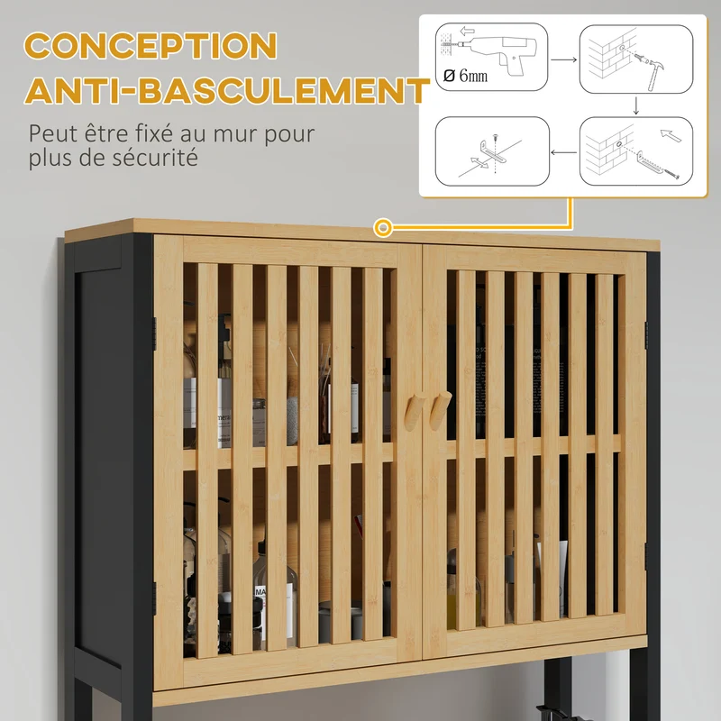 Étagère dessus de toilettes compacte 60 x 21.5 x 172 cm gain de place rangement réglable style naturel en bambou naturel 21_0002009