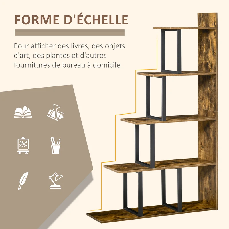 Étagère bibliothèque escalier 102 x 30 x 160 cm rangement 5 étagères gain de place style industriel en MDF brun rustique 21_0002428
