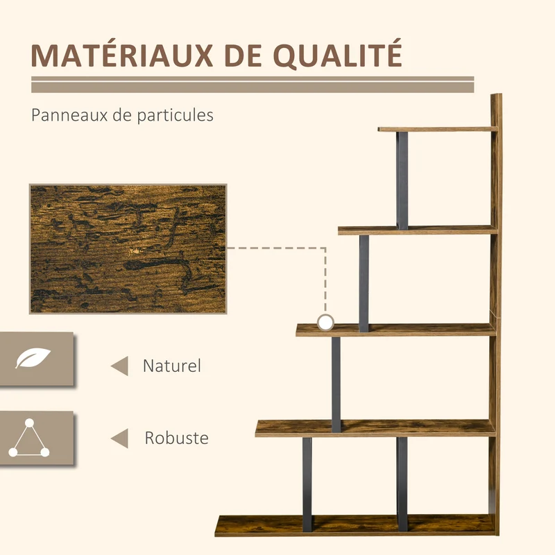 Étagère bibliothèque escalier 102 x 30 x 160 cm rangement 5 étagères gain de place style industriel en MDF brun rustique 21_0002428