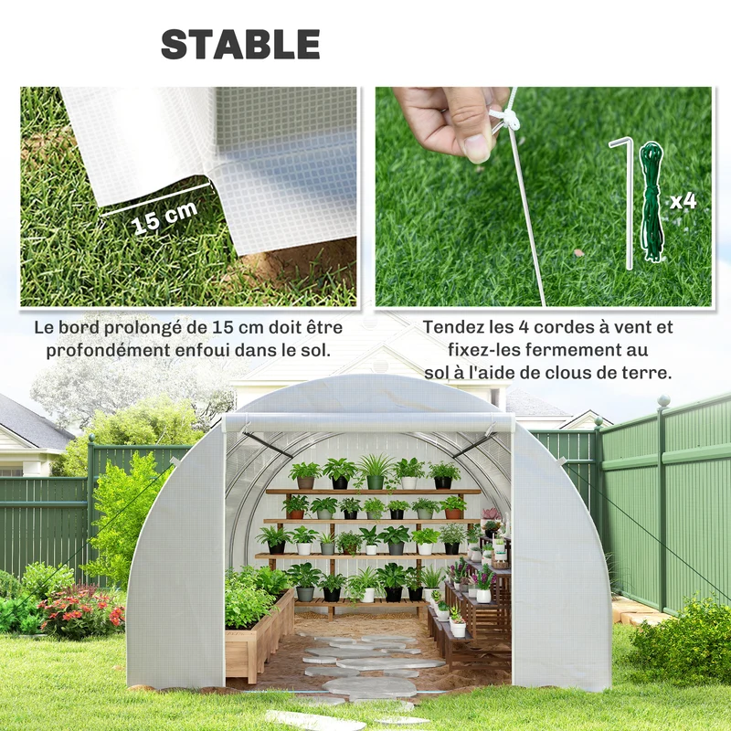 Serre de jardin tunnel 6 x 3 x 2 m surface 18 m² protection intempéries aération réglable moderne en polyéthylène blanc 21_0004065