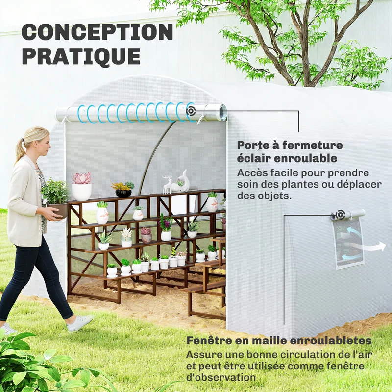 Serre de jardin tunnel 6 x 3 x 2 m surface 18 m² protection intempéries aération réglable moderne en polyéthylène blanc 21_0004065