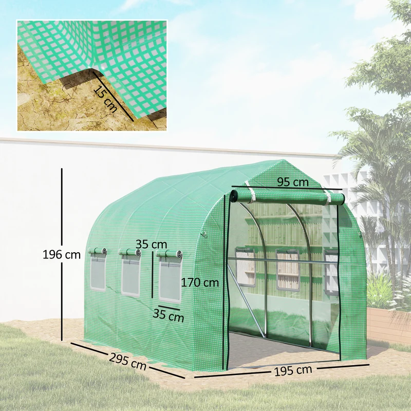 Serre de jardin tunnel 295 x 195 x 196 cm protection anti-uv aération réglable design contemporain en polyéthylène vert 21_0004072