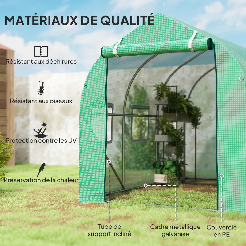 Serre de jardin tunnel 295 x 195 x 196 cm protection anti-uv aération réglable design contemporain en polyéthylène vert 21_0004072