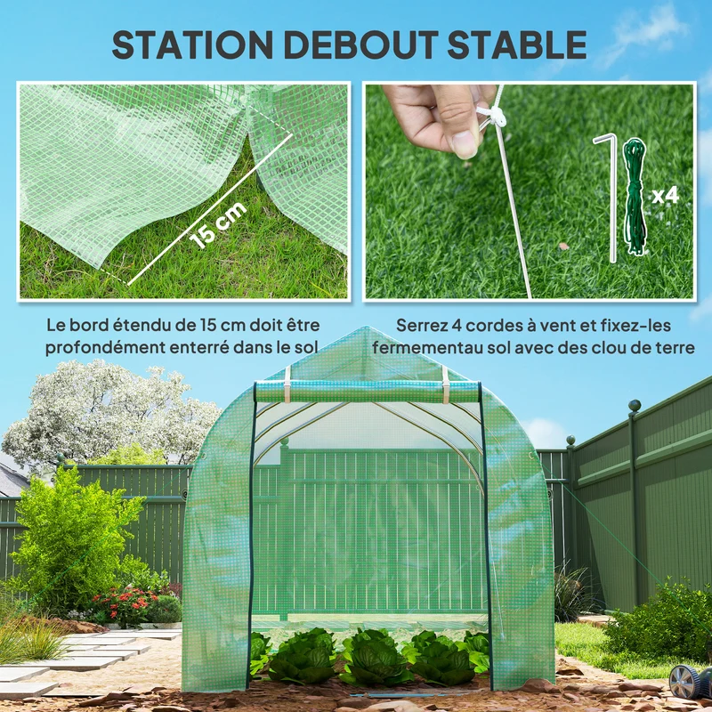 Serre de jardin tunnel 295 x 195 x 196 cm protection anti-uv aération réglable design contemporain en polyéthylène vert 21_0004072