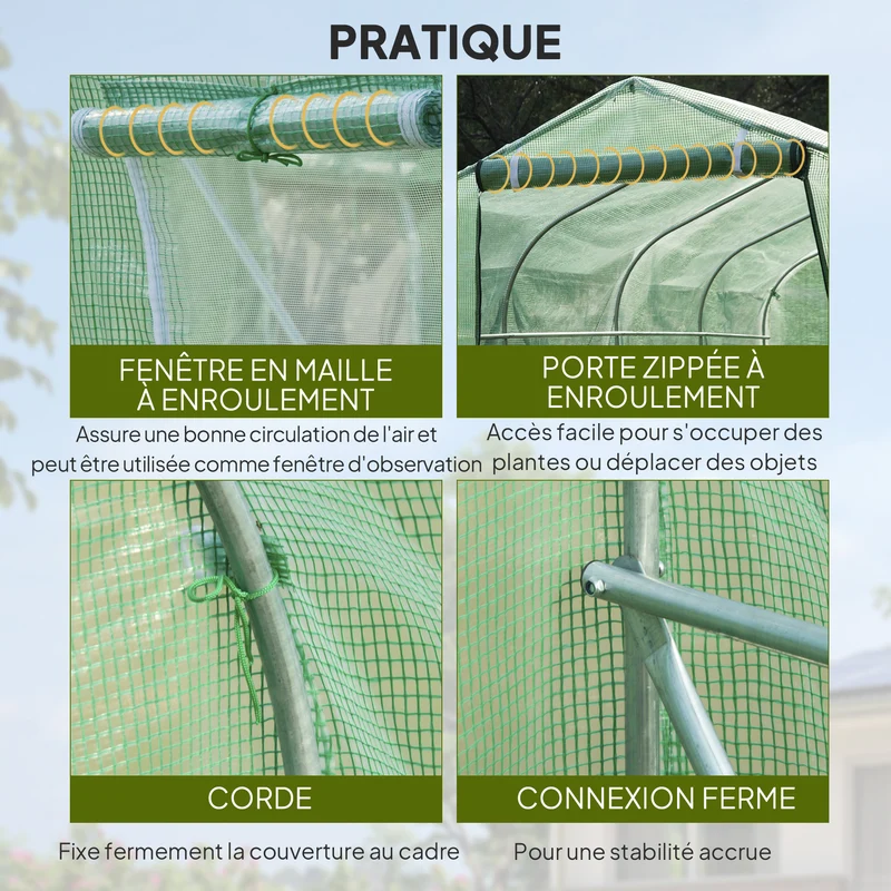 Serre de jardin tunnel 295 x 195 x 196 cm protection anti-uv aération réglable design contemporain en polyéthylène vert 21_0004072