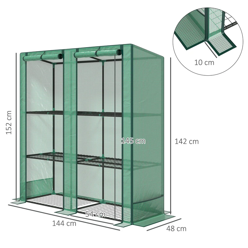 Serre de jardin 3 niveaux 144 x 48 x 152 cm protection uv porte zippée ventilation épuré moderne en polyéthylène vert 21_0005521