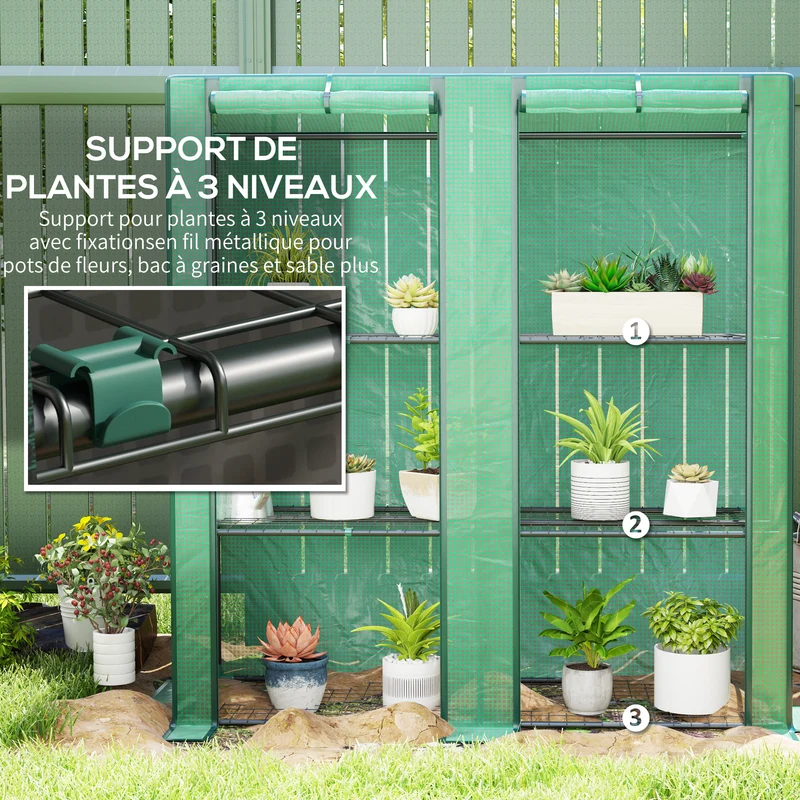 Serre de jardin 3 niveaux 144 x 48 x 152 cm protection uv porte zippée ventilation épuré moderne en polyéthylène vert 21_0005521