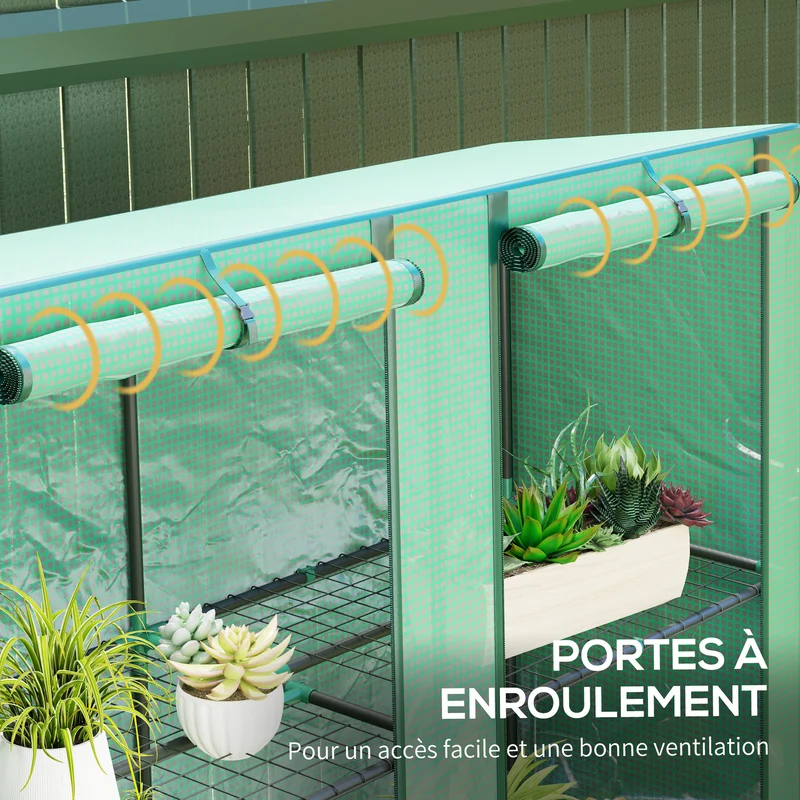 Serre de jardin 3 niveaux 144 x 48 x 152 cm protection uv porte zippée ventilation épuré moderne en polyéthylène vert 21_0005521