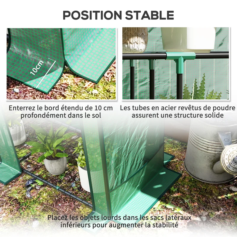 Serre de jardin 3 niveaux 144 x 48 x 152 cm protection uv porte zippée ventilation épuré moderne en polyéthylène vert 21_0005521