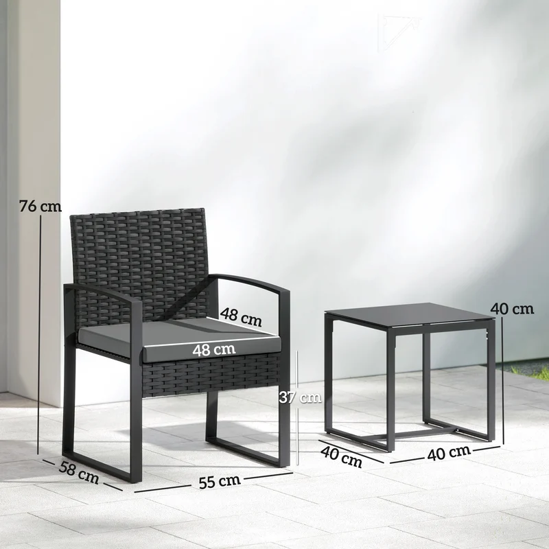 Salon de jardin 2 places 55 x 58 x 76 cm assise rembourrée coussins amovibles style scandinave en résine tressée noire 21_0006023