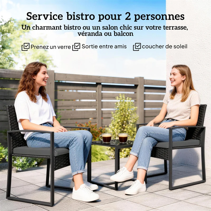 Salon de jardin 2 places 55 x 58 x 76 cm assise rembourrée coussins amovibles style scandinave en résine tressée noire 21_0006023