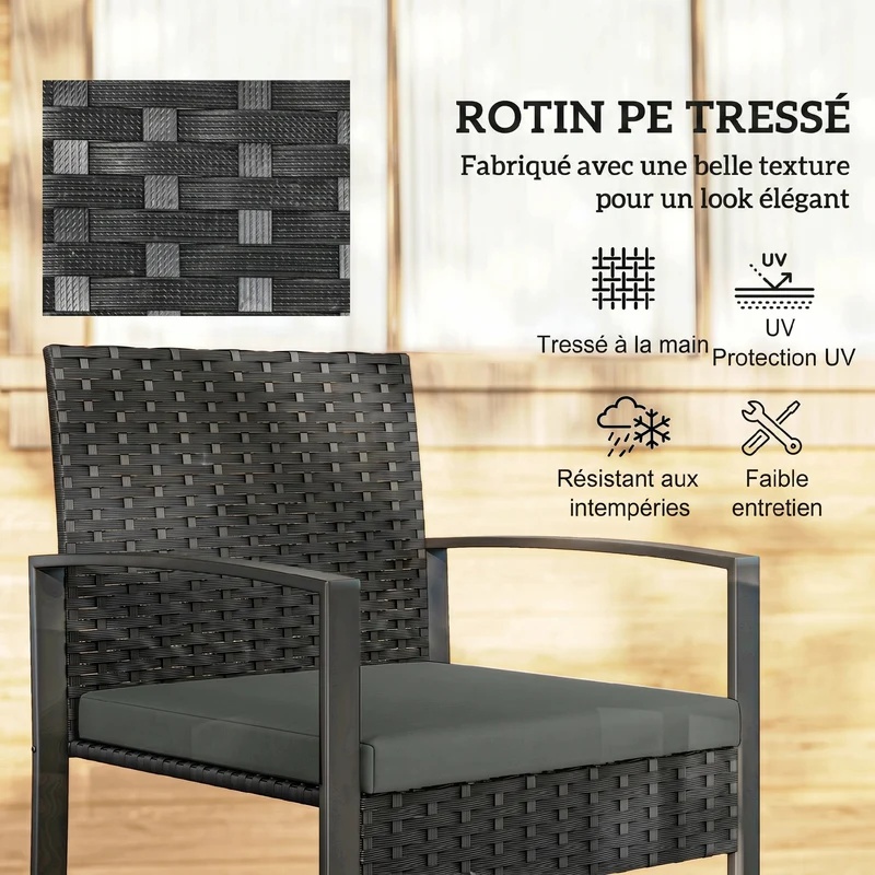 Salon de jardin 2 places 55 x 58 x 76 cm assise rembourrée coussins amovibles style scandinave en résine tressée noire 21_0006023