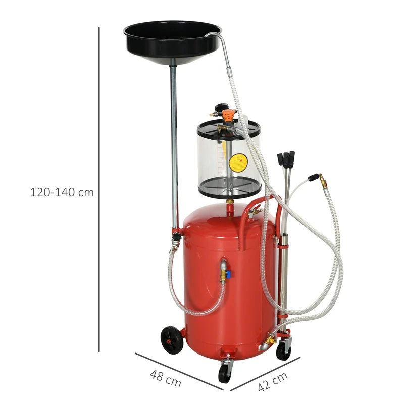 Récupérateur d'huile 2 en 1 garage 48 x 42 x 120-140 cm hauteur réglable vidange pneumatique industriel en acier rouge 21_0007172