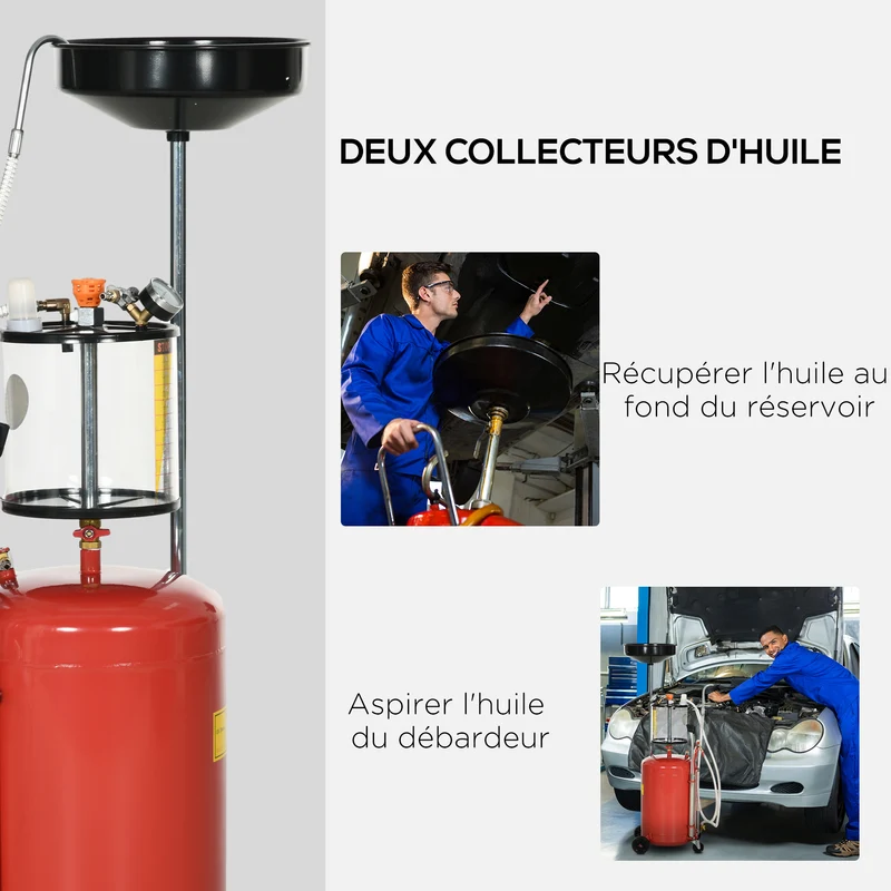 Récupérateur d'huile 2 en 1 garage 48 x 42 x 120-140 cm hauteur réglable vidange pneumatique industriel en acier rouge 21_0007172