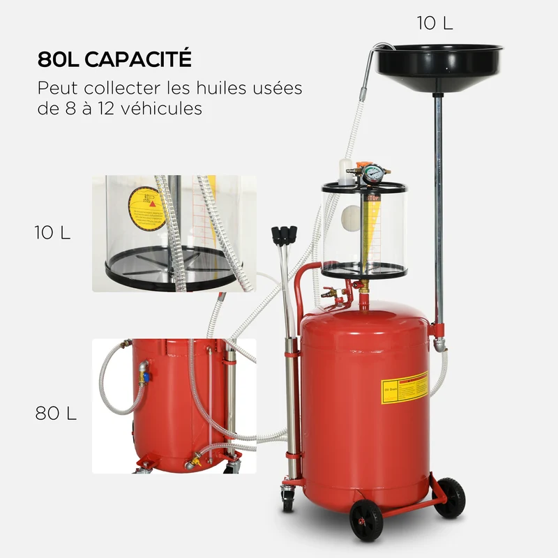 Récupérateur d'huile 2 en 1 garage 48 x 42 x 120-140 cm hauteur réglable vidange pneumatique industriel en acier rouge 21_0007172
