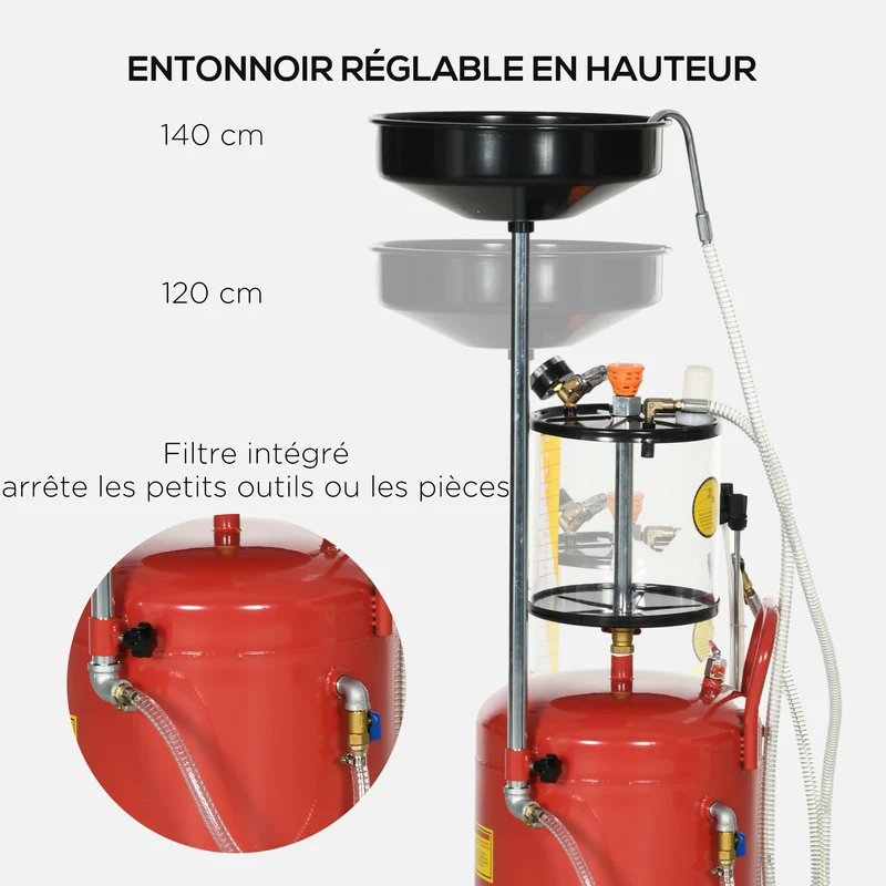 Récupérateur d'huile 2 en 1 garage 48 x 42 x 120-140 cm hauteur réglable vidange pneumatique industriel en acier rouge 21_0007172