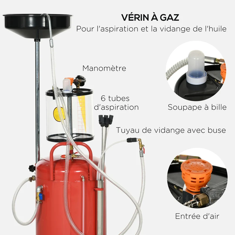 Récupérateur d'huile 2 en 1 garage 48 x 42 x 120-140 cm hauteur réglable vidange pneumatique industriel en acier rouge 21_0007172