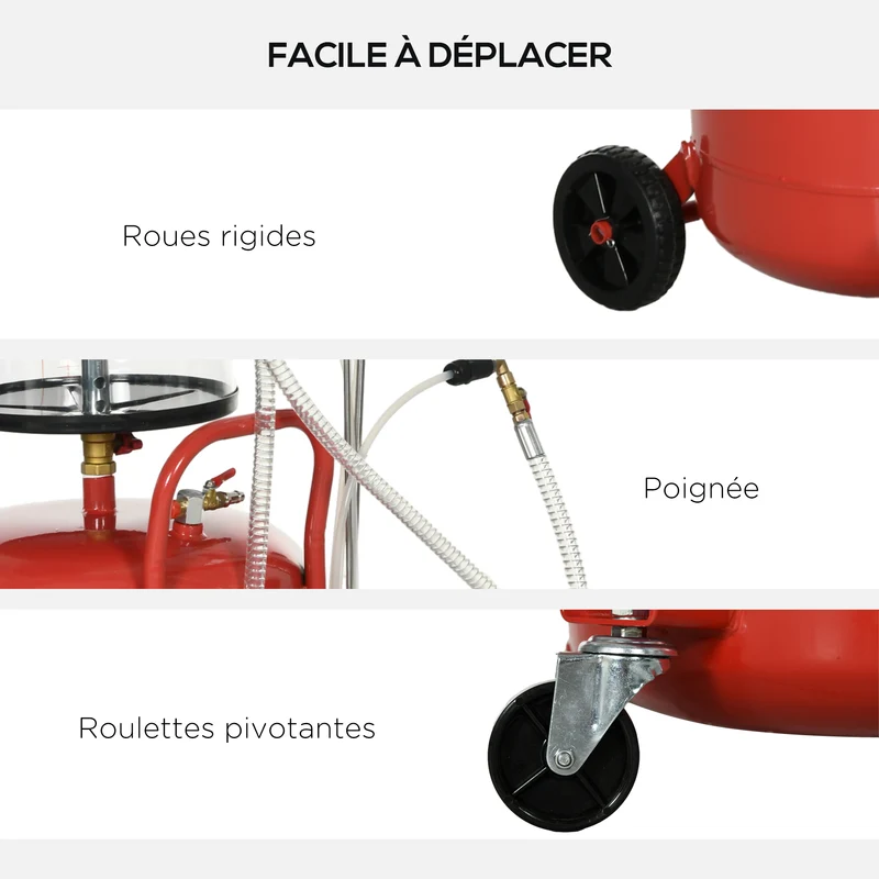 Récupérateur d'huile 2 en 1 garage 48 x 42 x 120-140 cm hauteur réglable vidange pneumatique industriel en acier rouge 21_0007172