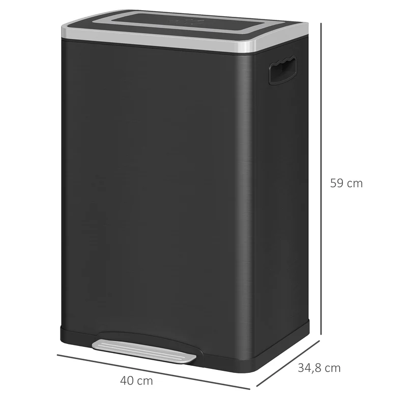 Poubelle de cuisine 2 compartiments 40 x 35 x 59 cm tri facile couvercle fermeture douce moderne en acier inoxydable noir 21_0005918