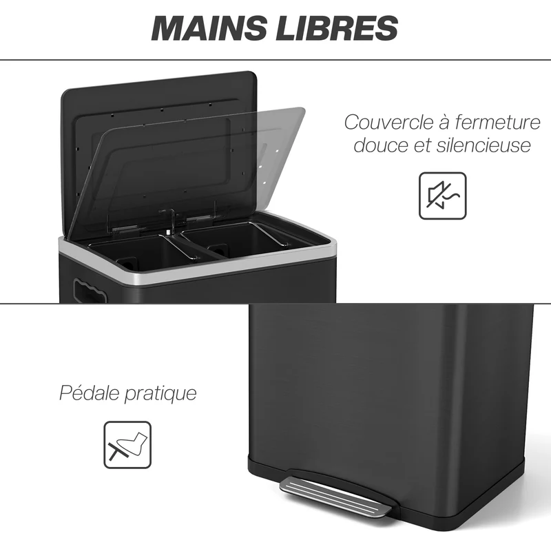 Poubelle de cuisine 2 compartiments 40 x 35 x 59 cm tri facile couvercle fermeture douce moderne en acier inoxydable noir 21_0005918