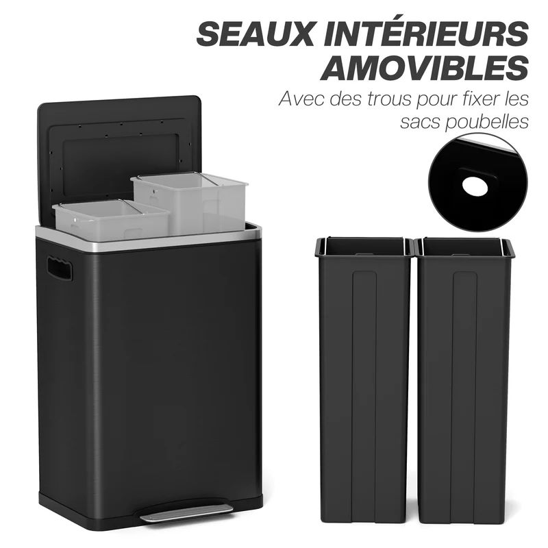 Poubelle de cuisine 2 compartiments 40 x 35 x 59 cm tri facile couvercle fermeture douce moderne en acier inoxydable noir 21_0005918