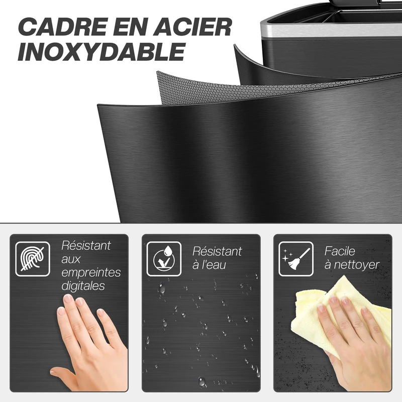 Poubelle de cuisine 2 compartiments 40 x 35 x 59 cm tri facile couvercle fermeture douce moderne en acier inoxydable noir 21_0005918