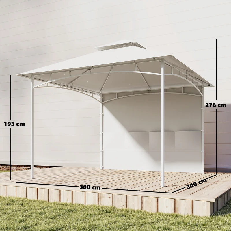 Pavillon de jardin 300 x 300 x 276 cm toit double rideaux poches ambiance cosy style contemporain épuré en métal crème 21_0004918