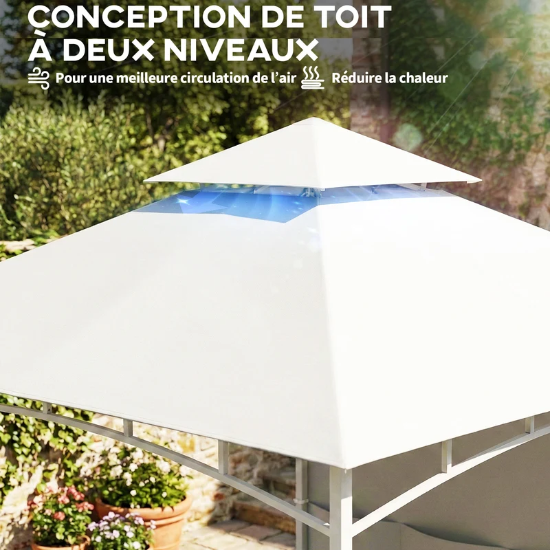 Pavillon de jardin 300 x 300 x 276 cm toit double rideaux poches ambiance cosy style contemporain épuré en métal crème 21_0004918