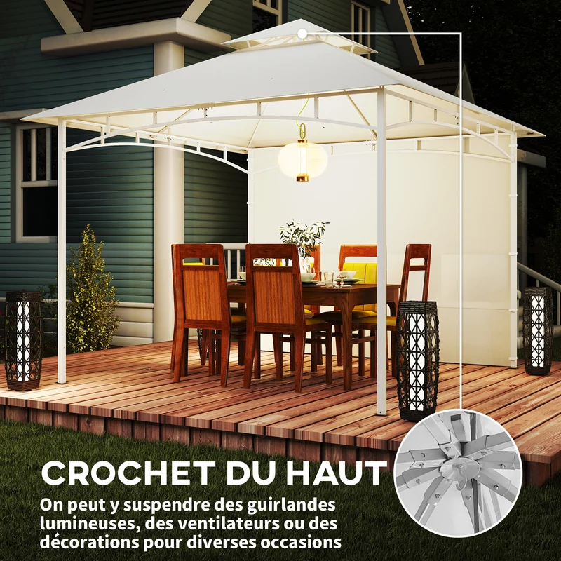 Pavillon de jardin 300 x 300 x 276 cm toit double rideaux poches ambiance cosy style contemporain épuré en métal crème 21_0004918