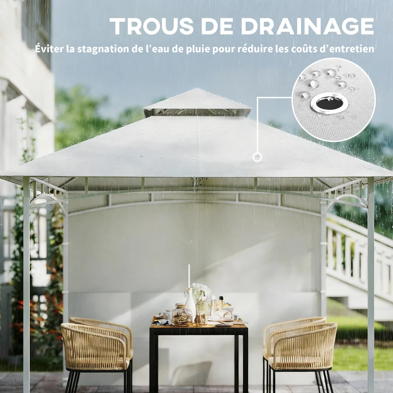 Pavillon de jardin 300 x 300 x 276 cm toit double rideaux poches ambiance cosy style contemporain épuré en métal crème 21_0004918