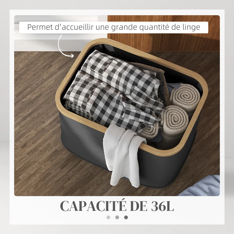 Panier à linge pliable compact salle de bain chambre 44 x 33 x 27 cm poignées pratiques moderne épuré en polyester noir 21_0005865