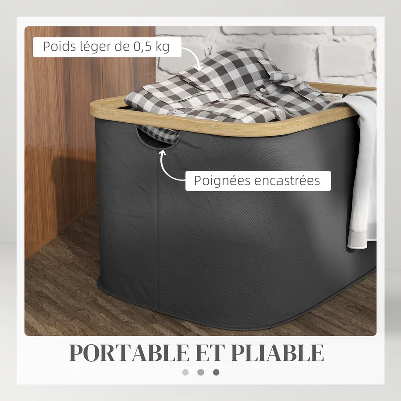 Panier à linge pliable compact salle de bain chambre 44 x 33 x 27 cm poignées pratiques moderne épuré en polyester noir 21_0005865