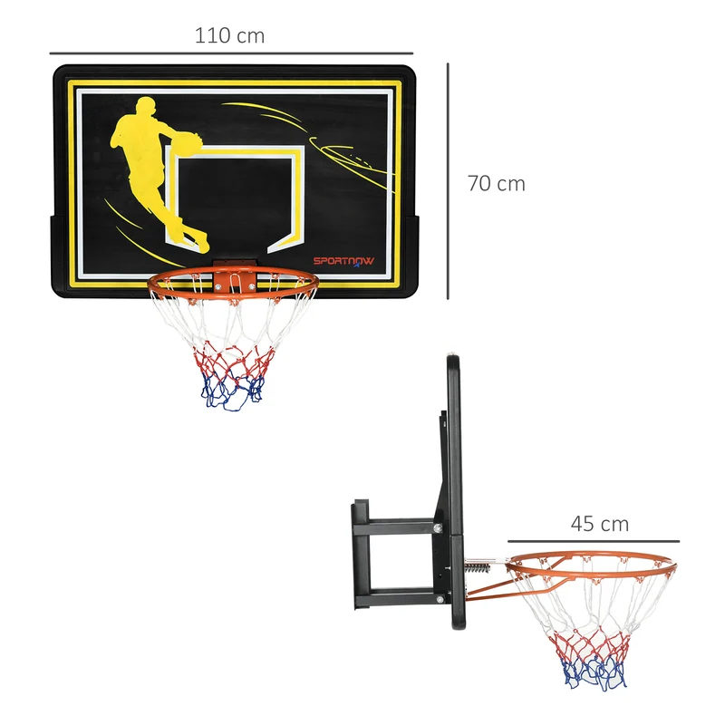 Panier de basket mural extérieur 110 x 90 x 70 cm panneau incassable montage facile et moderne tendance en acier noir 21_0006609