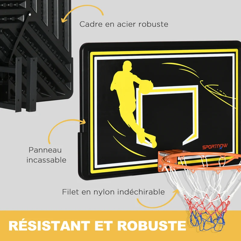 Panier de basket mural extérieur 110 x 90 x 70 cm panneau incassable montage facile et moderne tendance en acier noir 21_0006609