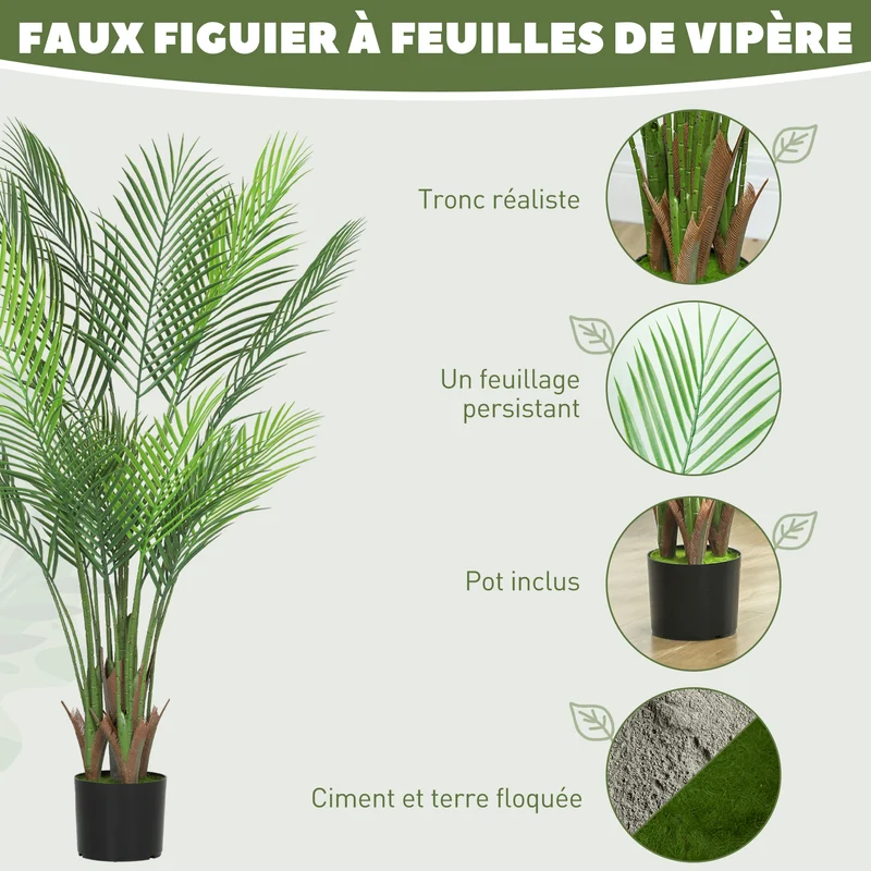 Palmier artificiel salon 120 x 16,5 x 13,5 cm sans entretien pot lesté 20 feuilles design contemporain en plastique vert 21_0003697