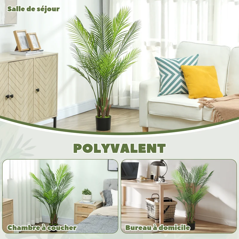 Palmier artificiel salon 120 x 16,5 x 13,5 cm sans entretien pot lesté 20 feuilles design contemporain en plastique vert 21_0003697
