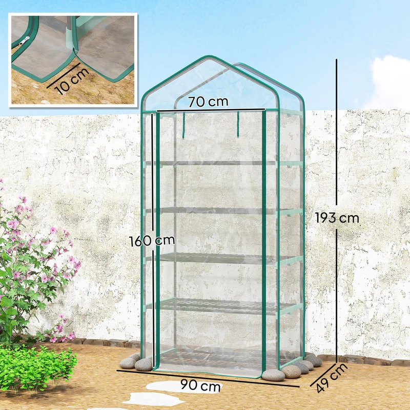 Mini serre pour balcon 90 x 49 x 193 cm 5 étagères porte enroulable à fermeture éclair moderne épuré en PVC transparent 21_0004346