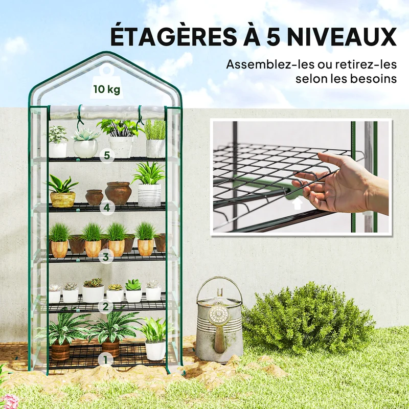 Mini serre pour balcon 90 x 49 x 193 cm 5 étagères porte enroulable à fermeture éclair moderne épuré en PVC transparent 21_0004346