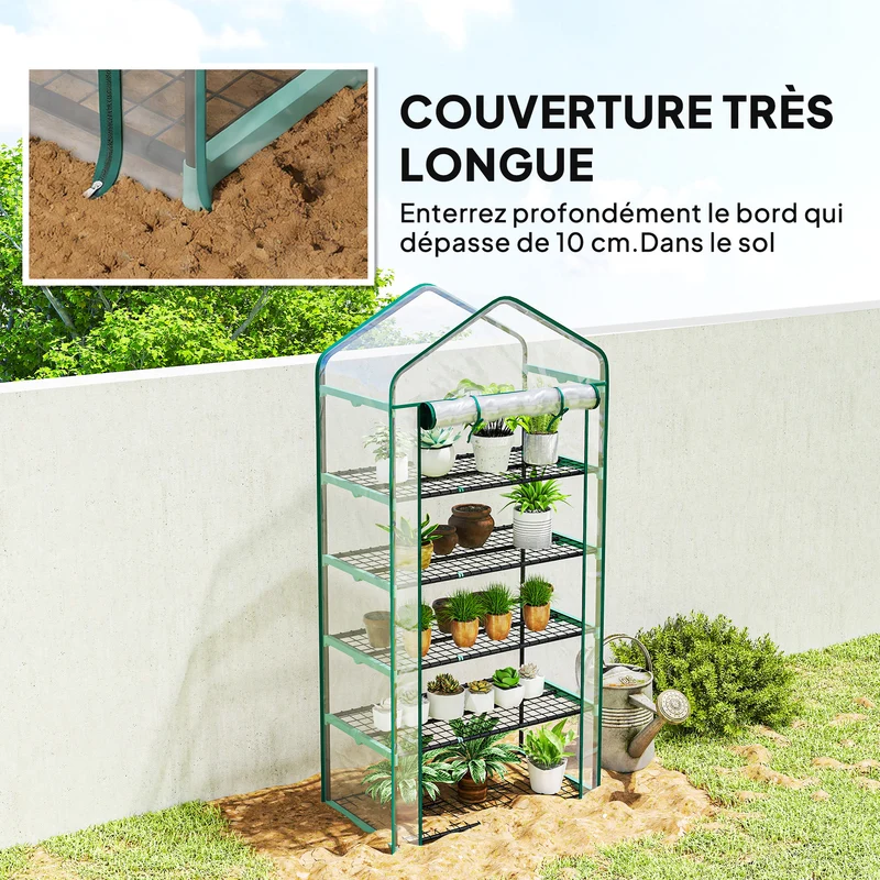 Mini serre pour balcon 90 x 49 x 193 cm 5 étagères porte enroulable à fermeture éclair moderne épuré en PVC transparent 21_0004346