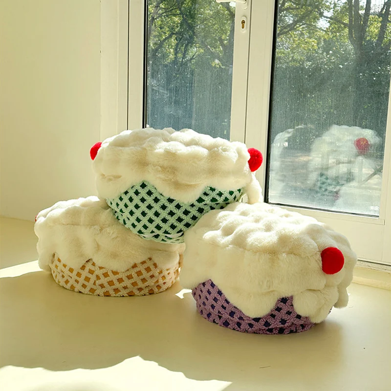 Contemporary Nordic Sherpa Fabric Faux Rabbit Fur EPP Cartoon Cake Removable & Washable Design Low Stool Backless Armless For Living Room & Bedroom