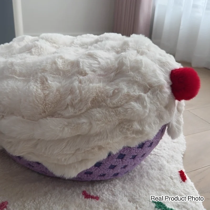 Contemporary Nordic Sherpa Fabric Faux Rabbit Fur EPP Cartoon Cake Removable & Washable Design Low Stool Backless Armless For Living Room & Bedroom