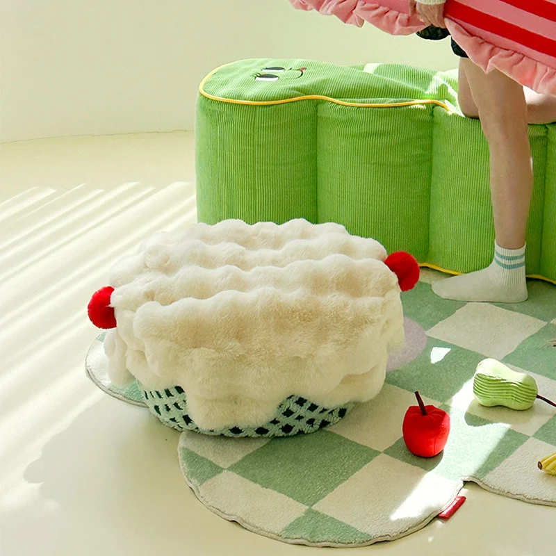 Contemporary Nordic Sherpa Fabric Faux Rabbit Fur EPP Cartoon Cake Removable & Washable Design Low Stool Backless Armless For Living Room & Bedroom