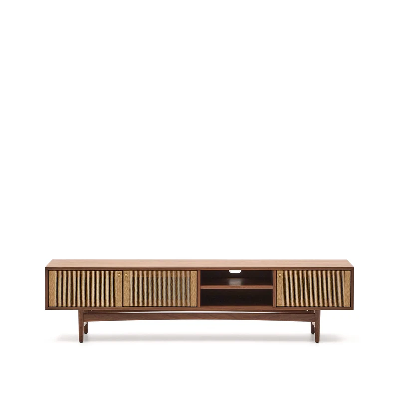 Elan TV cabinet 3 doors veneer and solid walnut and cord 200 x 50 cm FSC Mix Credit