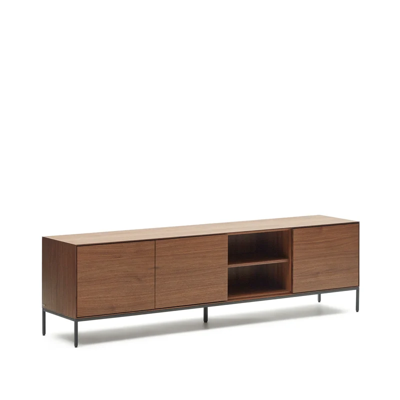 Vedrana 3-door TV stand in walnut veneer with black steel legs, 195 x 55 cm